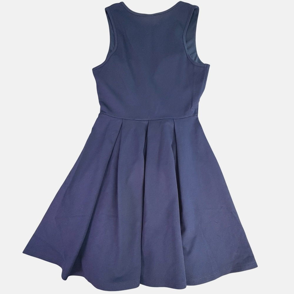 Navy Blue Fit and Flare‎ Pleated Dress Size M V Neck Swing Skater